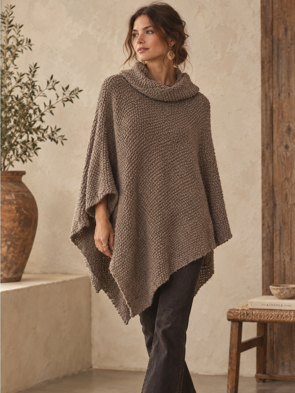 Elegant Cozy Taupe Knit Poncho Sweater - One Size (Fits All)